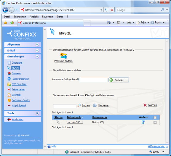 Confixx MySQL Datenbank übersicht